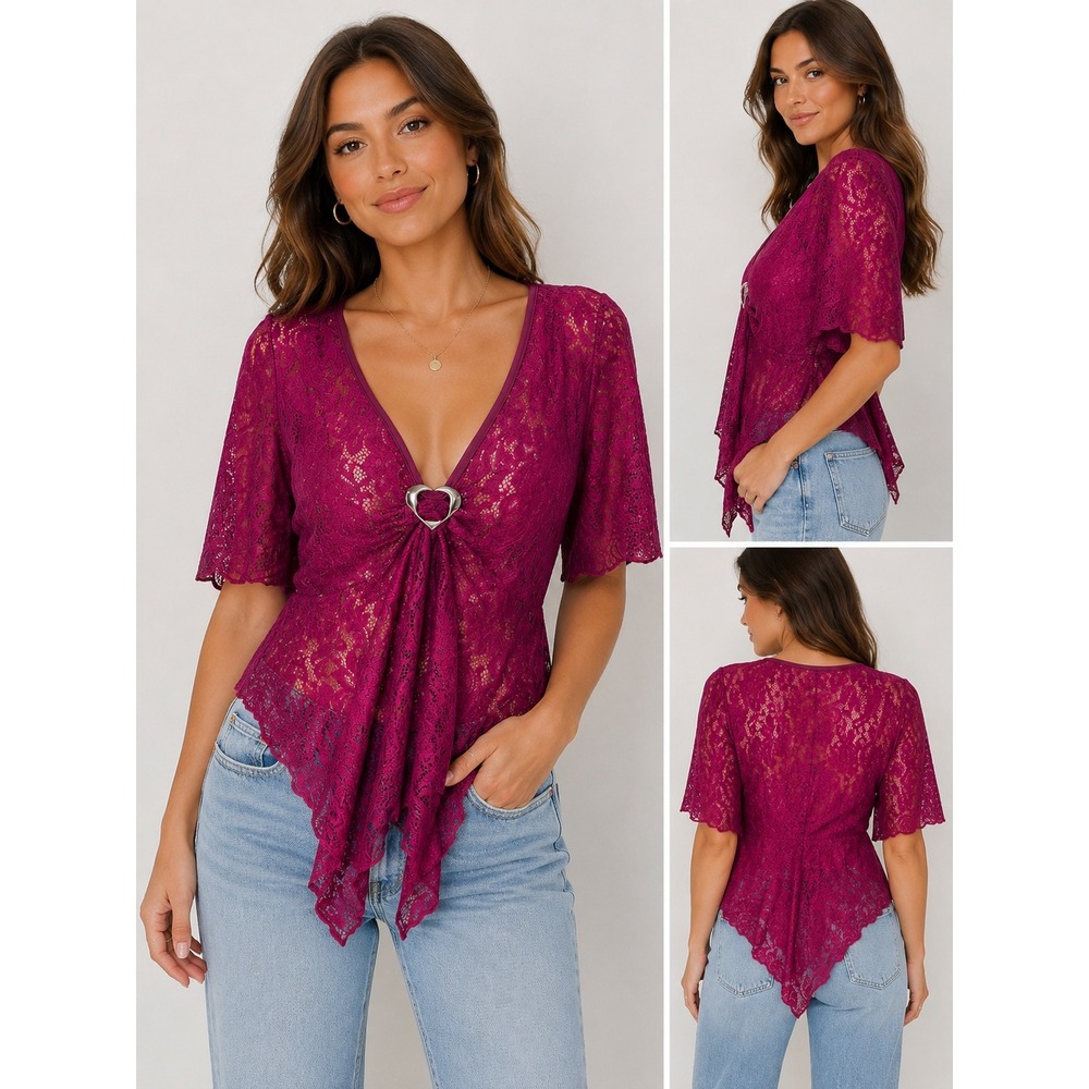 Y2K Lace Tunic Top Womens 3XL Pink Handkerchief Hem Heart Charm Sheer